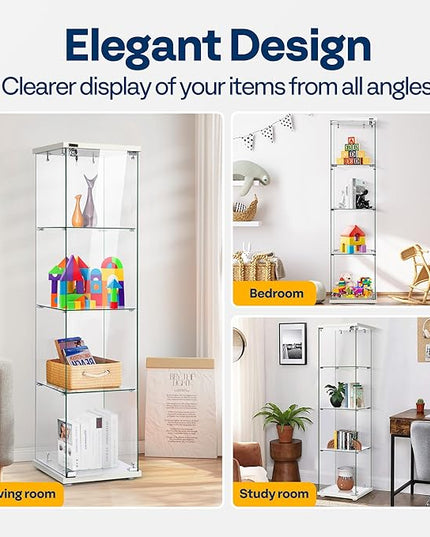 VIVOHOME 4 Layers 15.7''W x 15.7''D x 62.6''H Glass Display Cabinet Countertop Showcase with Lock, 5mm Tempered Glass 25mm MDF Base - LeafyLoom