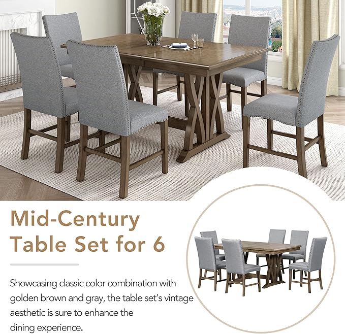 Mid-Century Extendable 6 Upholstered Chairs, Solid Wood Rectangular w/12 Leaf, Easy Clean & Assembly, for Kitchen, Room, 7 Piece Dining Table Set, Gray 1 - LeafyLoom