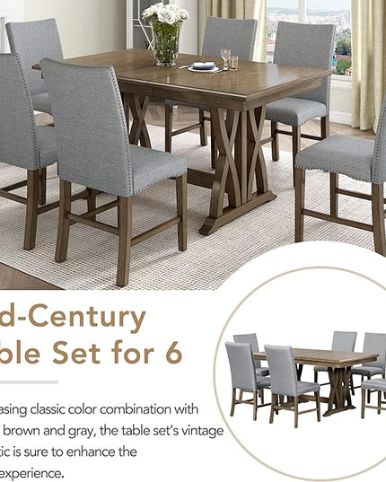 60 Inch Dining Table Set for 6, Mid-Century Solid Wood Extendable Dining Table with Upholstered Chairs and 12" Leaf, Kitchen Table Set for Living Room, Golden Brown+Grey - LeafyLoom