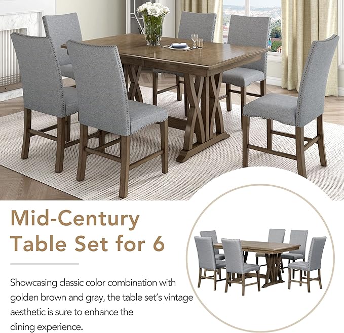 60 Inch Dining Table Set for 6, Mid-Century Solid Wood Extendable Dining Table with Upholstered Chairs and 12" Leaf, Kitchen Table Set for Living Room, Golden Brown+Grey - LeafyLoom