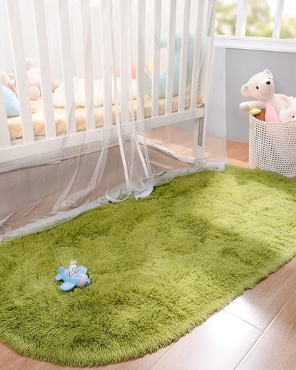 Merelax Soft Shaggy Rug for Kids Bedroom, Oval 2.6'x5.3' Green Plush Fluffy Carpets for Living Room, Furry Carpet for Teen Girls Room, Anti-skid Fuzzy Comfy Rug for Nursery Decor Cute Baby Play Mat - LeafyLoom