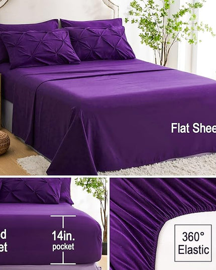 Ubauba 7pc Purple Comforter Set Queen Size with Sheets, Pintuck 7 Piece Bedding Comforters Bed in a Bag for All Season, Pinched Pleat Bed Set with Comforter (Purple,Queen) - LeafyLoom
