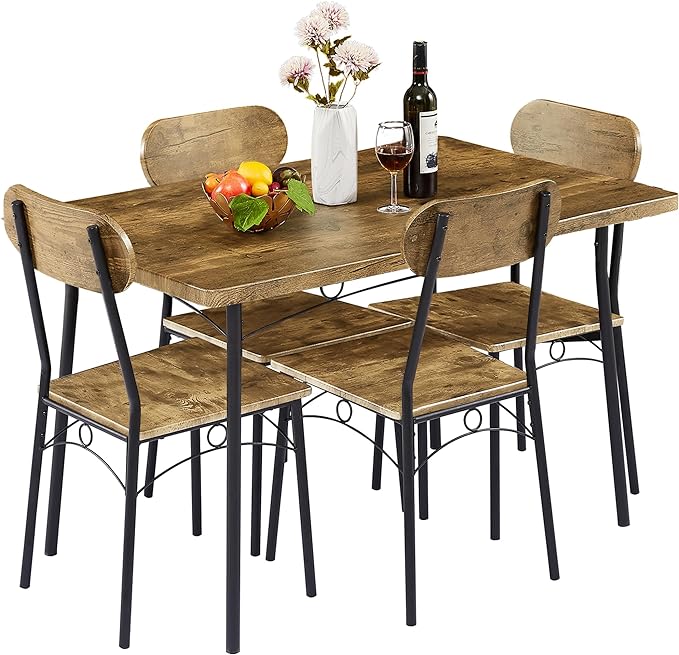 VECELO Dining Table Set for 4, 5 Piece Dinette with Chairs for Kitchen, Breakfast Nook and Small Space, Brown, 43.3" - LeafyLoom
