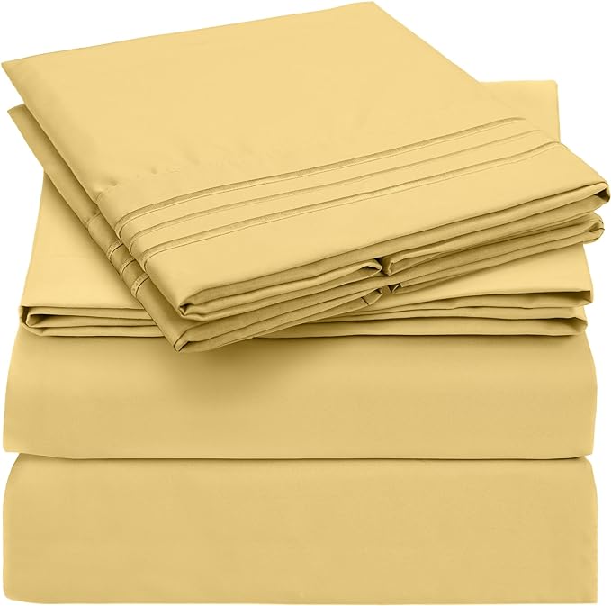 Mellanni Queen Sheets Set - 4 PC Iconic Collection Bedding Sheets & Pillowcases - Hotel Luxury, Extra Soft, Cooling Bed Sheets - Deep Pocket up to 16 inch (Queen, Yellow) - LeafyLoom
