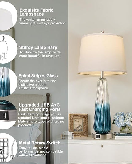 QiMH Table Lamps for Bedroom Set of 2, Glass Table Lamp for Living Room,20W Fast Charge C+A USB Ports, 27.5" Modern Tall Bedside Nightstand Lamp White Lampshade Coastal Decor(LED Bulb Included) - LeafyLoom