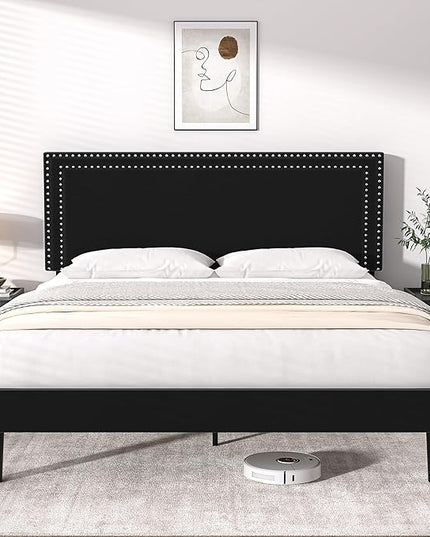 VECELO Queen Size Platform Bed Frame with Adjustable Upholstered Headboard, Modern Mattress Foundation,Strong Wood Slat Support, No Box Spring Needed, Easy Assembly - LeafyLoom