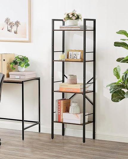 Tajsoon 4 Tier Bookshelf Industrial Ladder Shelf, Tall Skinny Bookshelf with Wood, Freestanding Thin Bookshelf for Home Office, Living Room, Bedroom, Metal Frame, Rustic Brown - LeafyLoom