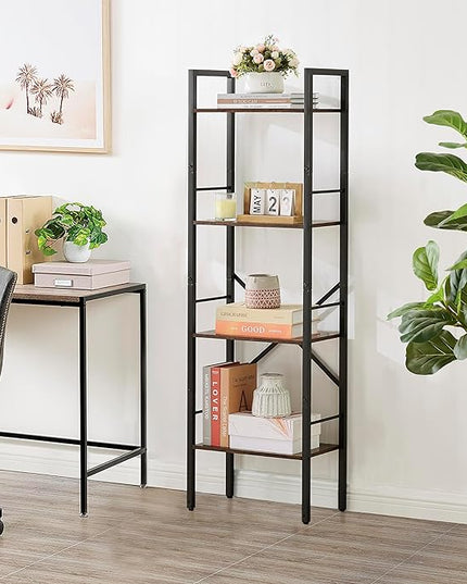 Tajsoon 4 Tier Bookshelf Industrial Ladder Shelf, Tall Skinny Bookshelf with Wood, Freestanding Thin Bookshelf for Home Office, Living Room, Bedroom, Metal Frame, Rustic Brown - LeafyLoom