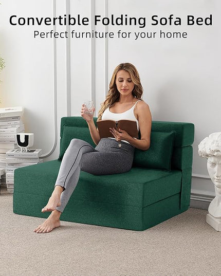 Convertible Folding Sofa Bed-Sleeper Chair with Pillow, Modern Linen Fabric Floor & Futon Couch, Foldable Mattress for Living Room/Dorm/Guest Use/Home Office/Apartment, Full Size,Dark Green - LeafyLoom