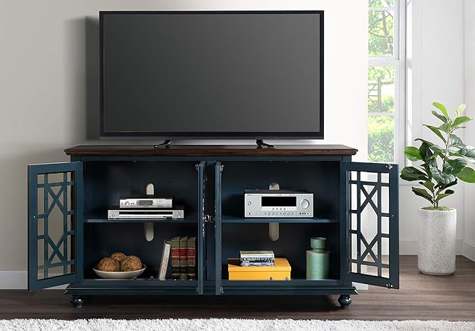 Martin Svensson Home Palisades TV Stand, 63" W x 35" H, Catalina Blue with Coffee Top - LeafyLoom