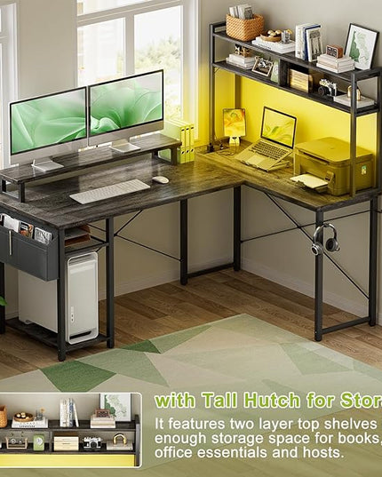 Small L Shaped Gaming Desk with Power Outlets, 48" Reversible L Shaped LED Computer Desk with Monitor Stand & Storage Shelf, Corner Gamer Desk Home Office Desk with Storage Bag, Black Oak - LeafyLoom