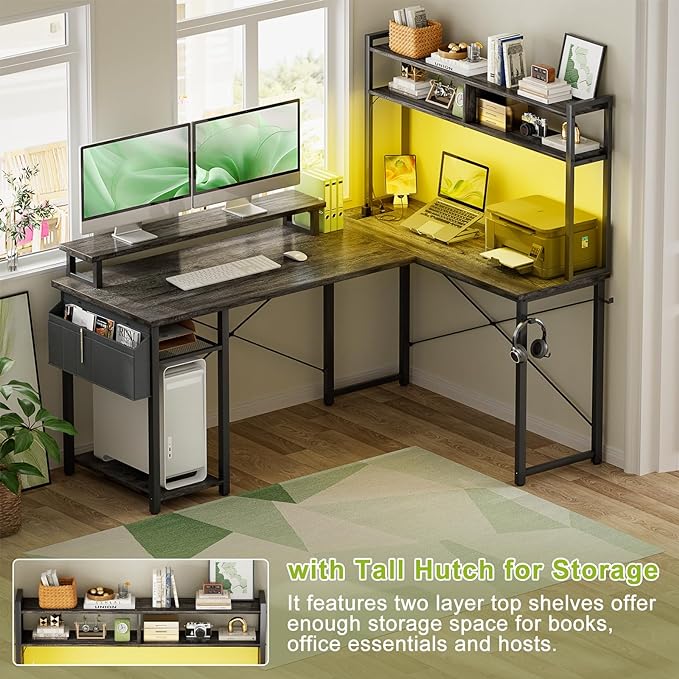 Small L Shaped Gaming Desk with Power Outlets, 48" Reversible L Shaped LED Computer Desk with Monitor Stand & Storage Shelf, Corner Gamer Desk Home Office Desk with Storage Bag, Black Oak - LeafyLoom