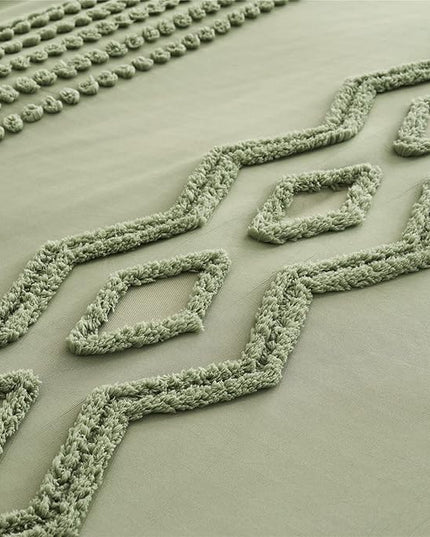 Sage Green Tufted Comforter Set King Size 7 Piece Bed in a Bag, Shabby Chic Boho Comforter and Sheet Set, Pom Pom Textured Bed Set, All Season Soft Microfiber Complete Bedding Set(Green,King) - LeafyLoom