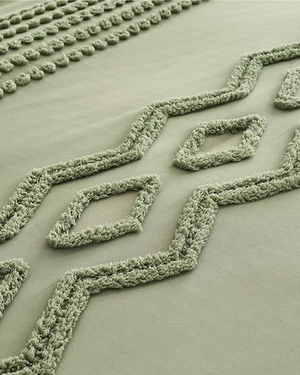Sage Green Tufted Comforter Set Queen Size 7 Piece Bed in a Bag, Shabby Chic Boho Comforter and Sheet Set, Pom Pom Textured Bed Set, All Season Soft Microfiber Complete Bedding Set(Green,Queen) - LeafyLoom