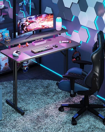Flrrtenv Small Gaming Desk with LED Lights, 39 Inch Computer Gamer Desk with Monitor Stand, Ergonomic Carbon Fiber Surface Gaming Table with Remote Control for Home Office, RGB - LeafyLoom