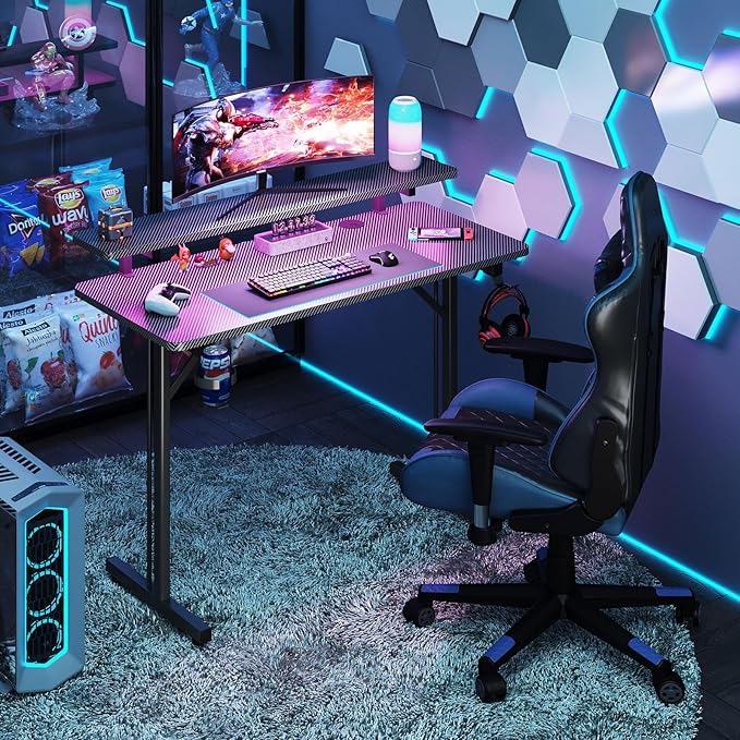 Flrrtenv Small Gaming Desk with LED Lights, 39 Inch Computer Gamer Desk with Monitor Stand, Ergonomic Carbon Fiber Surface Gaming Table with Remote Control for Home Office, RGB - LeafyLoom