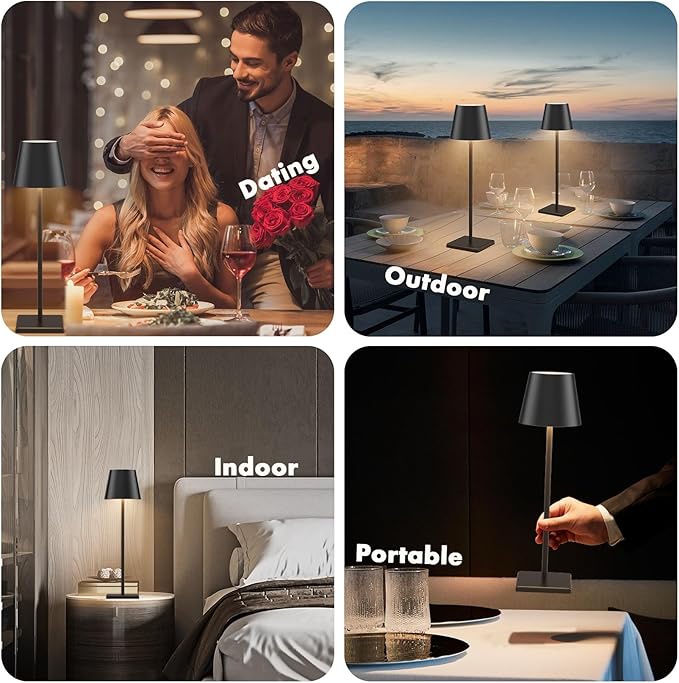 4-Pack LED Cordless Table Lamp, Rechargeable Battery Desk lamp 3W 6000mAh Battery Operated Stepless Dimming Modern Portable Table Light for Restaurant/Dinner/Bedroom/Outdoor IP54 Waterproof (Black) - LeafyLoom