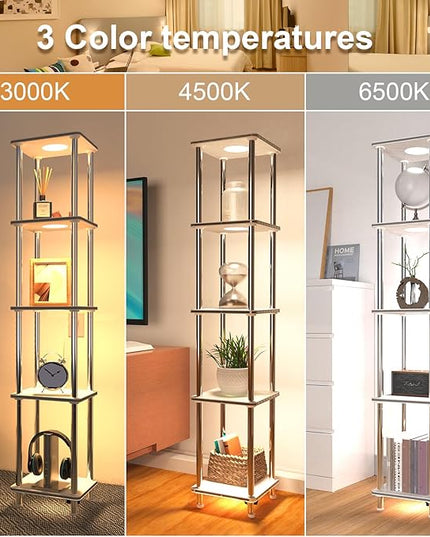 Kekeou RGBCW Floor Lamp with Shelves Tall Lamp Music Sync APP Control Standing Lamp with Wireless Charger & USB Port Color Changing Lamp with Shelves Work with Alexa White 5 Tier - LeafyLoom