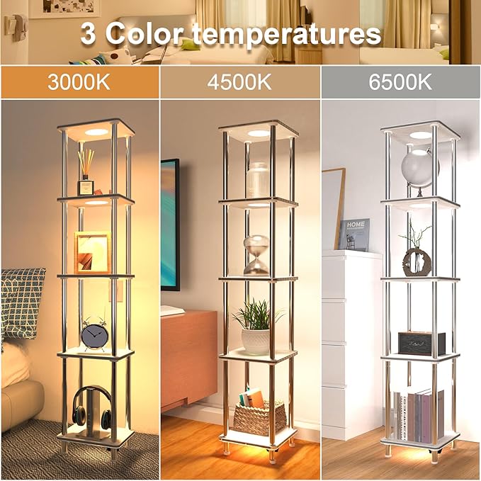 Kekeou RGBCW Floor Lamp with Shelves Tall Lamp Music Sync APP Control Standing Lamp with Wireless Charger & USB Port Color Changing Lamp with Shelves Work with Alexa White 5 Tier - LeafyLoom