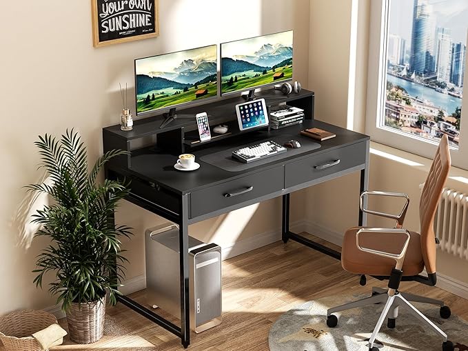 Computer Desk with Drawers, 47" Home Office Desk with Monitor Shelf, Writing Desk with Storage, Gaming Desk Work Desk Study Desk for Bedroom, Black - LeafyLoom