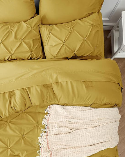 Bedsure Twin Comforter Set with Sheets - 5 Pieces Twin Bedding Sets, Pinch Pleat Mustard Yellow Twin Bed in a Bag with Comforter, Sheets, Pillowcase & Sham - LeafyLoom