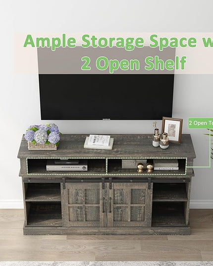 TV Stand with 2 Sliding Barn Doors, 58 Inch TV Stand with Storage Cabinet and Shelves, Television Stands with Storage for Living Room, Bedroom, Antique Brown - LeafyLoom