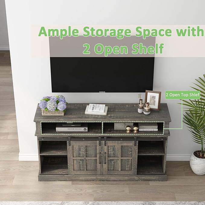 TV Stand with 2 Sliding Barn Doors, 58 Inch TV Stand with Storage Cabinet and Shelves, Television Stands with Storage for Living Room, Bedroom, Antique Brown - LeafyLoom