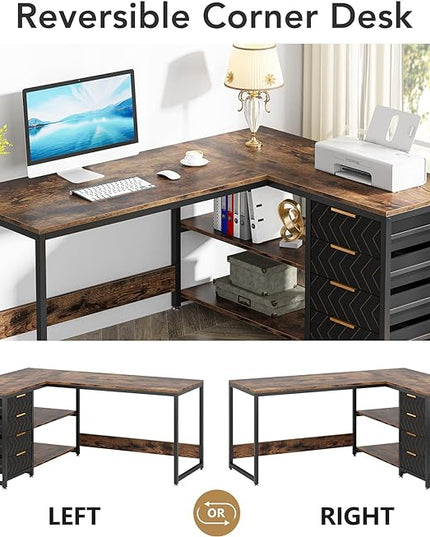 59-Inch L Shaped Desk with Drawers, Large Computer Desk with Storage Shelves, Reversible L-Shaped Corner Desk Workstation for Home Office - LeafyLoom