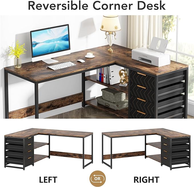 59-Inch L Shaped Desk with Drawers, Large Computer Desk with Storage Shelves, Reversible L-Shaped Corner Desk Workstation for Home Office - LeafyLoom