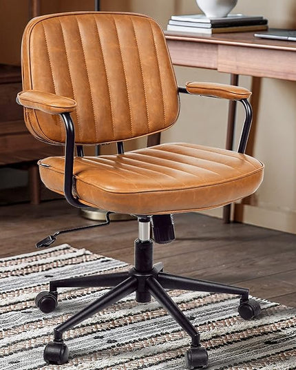 Arts wish Mid Century Office Chair Leather Desk Chair Brown Office Desk Chair Home Office Chair with Wheels and Arms - LeafyLoom