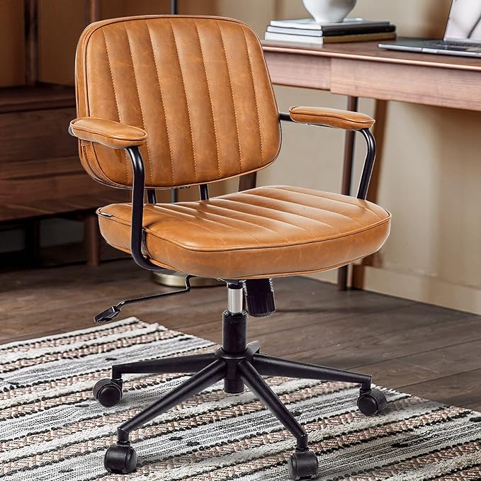 Arts wish Mid Century Office Chair Leather Desk Chair Brown Office Desk Chair Home Office Chair with Wheels and Arms - LeafyLoom