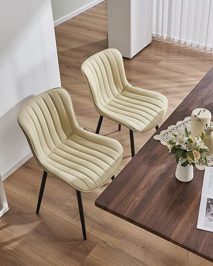 YOUNUOKE Beige Dining Chairs Set of 2 Upholstered Mid Century Kitchen Chairs Armless Faux Leather Modern Side Chair with Padded Backs Metal Legs for Living Room Bedrooms - LeafyLoom