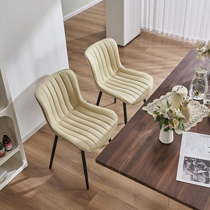 YOUNUOKE Beige Dining Chairs Set of 2 Upholstered Mid Century Kitchen Chairs Armless Faux Leather Modern Side Chair with Padded Backs Metal Legs for Living Room Bedrooms - LeafyLoom