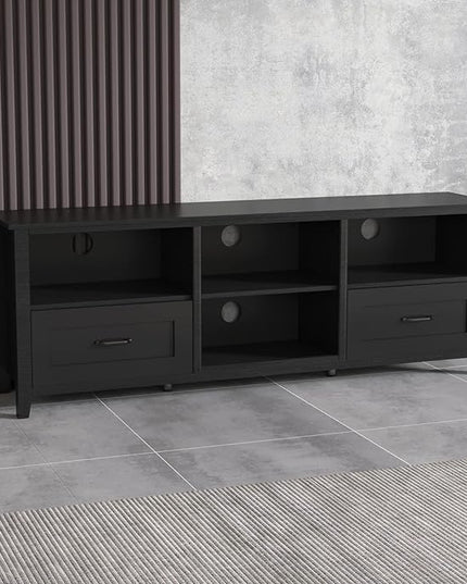 Entertainment Stand with 4 Storage Compartments, Media Center Console Table 60", Flat Screen TV Cabinet w/2 Drawers for Living Room, 70 inch, Black-3 - LeafyLoom