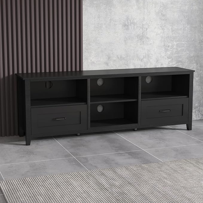 Entertainment Stand with 4 Storage Compartments, Media Center Console Table 60", Flat Screen TV Cabinet w/2 Drawers for Living Room, 70 inch, Black-3 - LeafyLoom