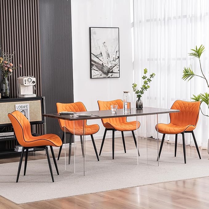 YOUNIKE Dining Chairs, Upholstered Faux Leather Kitchen Dining Room Chairs Set of 2, Modern Living Room Bedroom Side Chairs with Curved Wing Back and Adjustable Metal Legs, Orange - LeafyLoom