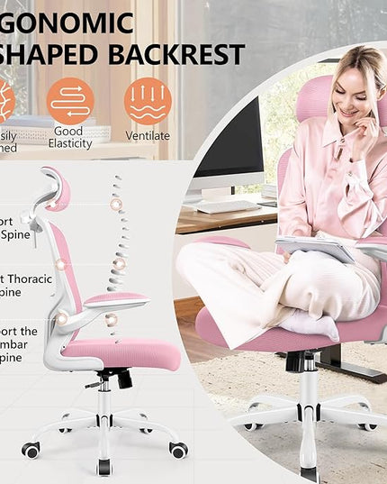 FelixKing Office Chair with Headrest, Ergonomic Desk Chair with Wheels, Task Swivel Comfy Chair with Adjustable Lumbar Support, Breathable Mesh Computer Chair with flip-up Armrests for Home (Pink) - LeafyLoom