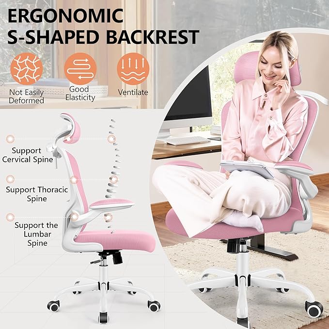 FelixKing Office Chair with Headrest, Ergonomic Desk Chair with Wheels, Task Swivel Comfy Chair with Adjustable Lumbar Support, Breathable Mesh Computer Chair with flip-up Armrests for Home (Pink) - LeafyLoom