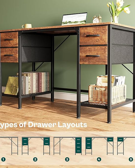 47 Inch Computer Desk with 4 Drawers, Office Desk with Mesh Shelf, Gaming Desk, Large Storage, Writing Desk Work Desk for Home Office, Study, Bedroom, Work from Home, Rustic Brown - LeafyLoom
