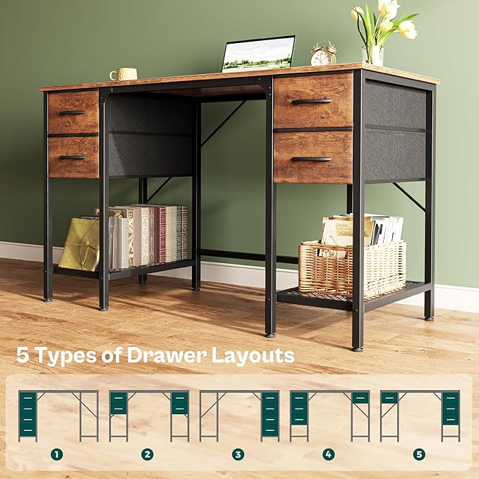 47 Inch Computer Desk with 4 Drawers, Office Desk with Mesh Shelf, Gaming Desk, Large Storage, Writing Desk Work Desk for Home Office, Study, Bedroom, Work from Home, Rustic Brown - LeafyLoom