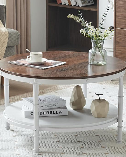 VINGLI 31.5" Rustic Oak White Wood Round Farmhouse Coffee Table, 2-Tier Storage Wood Center Circle Accent Table for Living Room, Bedroom, Apartment, Studio and Small Spaces, Sturdy Metal Frame - LeafyLoom