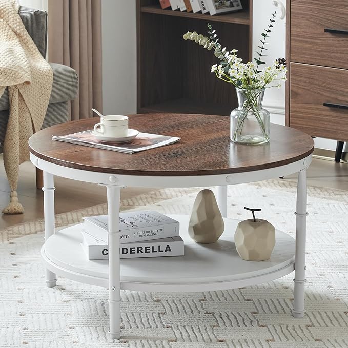 VINGLI 31.5" Rustic Oak White Wood Round Farmhouse Coffee Table, 2-Tier Storage Wood Center Circle Accent Table for Living Room, Bedroom, Apartment, Studio and Small Spaces, Sturdy Metal Frame - LeafyLoom