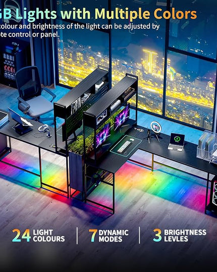 Lvifur 67” L Shaped Desk with Wireless Charging Station,24-Color RGB Dimmable Computer Desk with Pegboard,Gaming Desk with Monitor Stand, Display Stand,Human Sensor Lights for Home Office - LeafyLoom