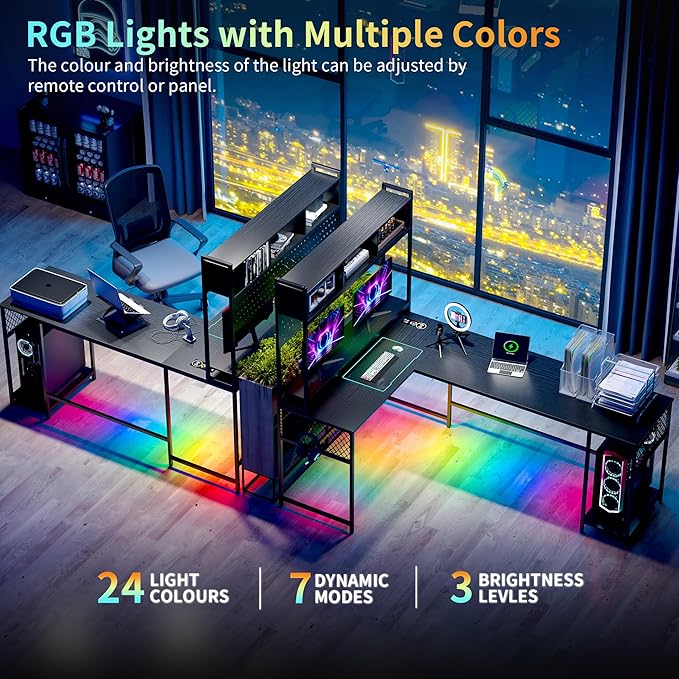 Lvifur 67” L Shaped Desk with Wireless Charging Station,24-Color RGB Dimmable Computer Desk with Pegboard,Gaming Desk with Monitor Stand, Display Stand,Human Sensor Lights for Home Office - LeafyLoom