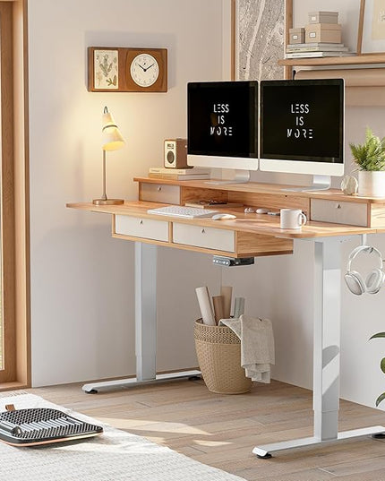 BANTI Height Adjustable Electric Standing Desk with 4 Drawers, 55 x 24 Inch Table with Storage Shelf, Sit Stand Desk, Light Rustic Brown Top - LeafyLoom