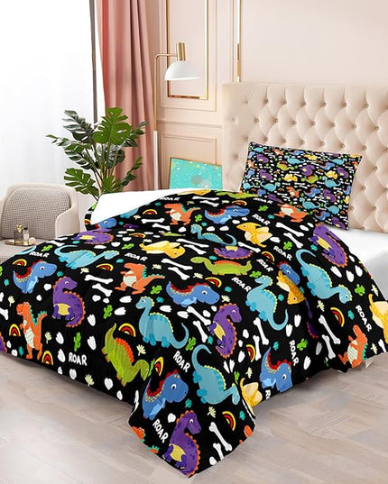 Dinosaur Comforter Set Twin - Cartoon Dinosaur Twin Bedding Set for Boys Kids Twin Size Comforter Set for Boys Soft Breathable Dino Quilt Kids Bedding Set, 1 Comforter 1 Pillowcase - LeafyLoom