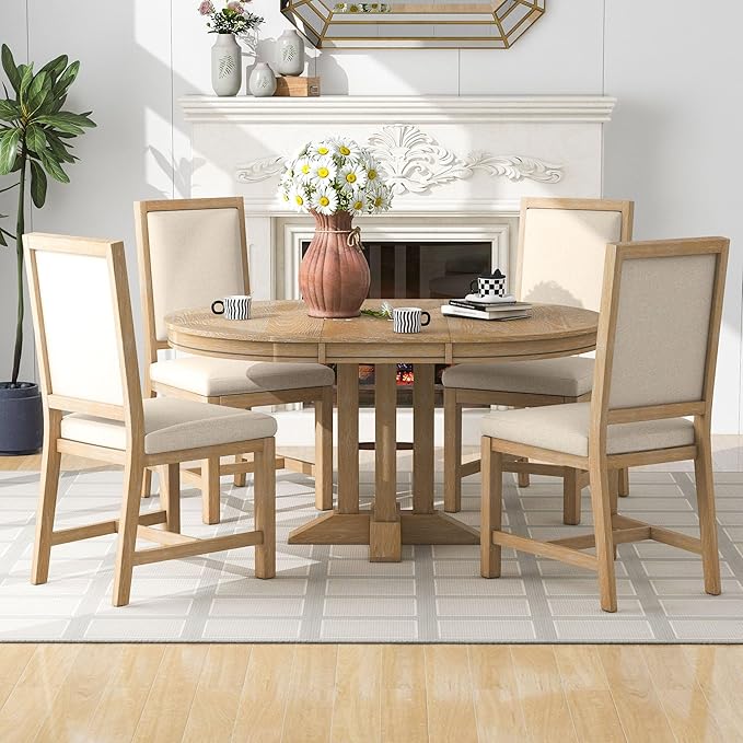 Farmhouse 5-Piece Dining Set, Included Retro Extendable Round Table with X-Shape Base and 4 Upholstered Chairs, Solid Wood Adjustable Dinette Furniture for Kitchen, Living Room, Natural+Beige - LeafyLoom