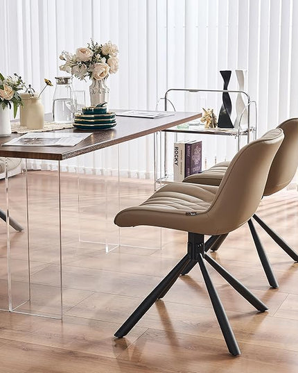 YOUNUOKE Upholstered Dining Chairs Set of 2 Comfortable Mid Century Modern Kitchen Chair with Sturdy Metal Legs Faux Leather Dinner Chairs for Kitchen Dining Room, Khaki - LeafyLoom