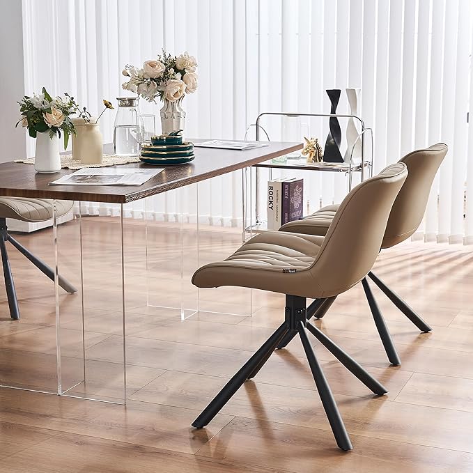 YOUNUOKE Upholstered Dining Chairs Set of 2 Comfortable Mid Century Modern Kitchen Chair with Sturdy Metal Legs Faux Leather Dinner Chairs for Kitchen Dining Room, Khaki - LeafyLoom