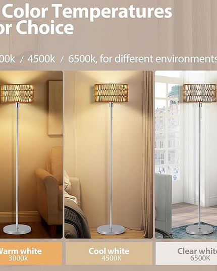 Rattan Floor Lamp for Living Room, Boho Standing Lamp with 3 Color Temperatures, Farmhouse Floor Lamp Wicker Lamp Double Shades, Bohemian Floor Lamps for Bedroom, Office(Chrome) - LeafyLoom